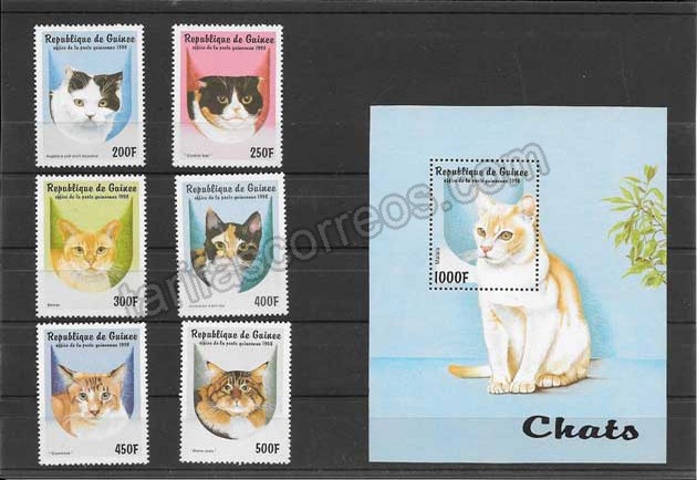 Filatelia sellos serie y hojita de gatos