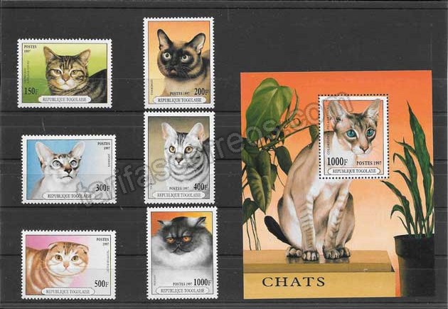 enviar paquetes desde - valor sellos filatelia fauna Togoserie y hojita de gatos,