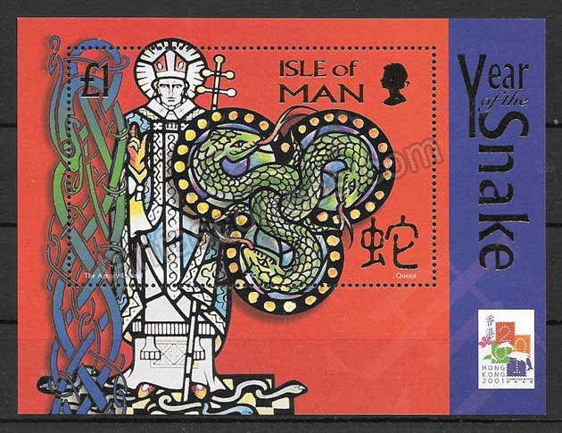Filatelia sellos año lunar  serpiente de isla de Man 2001