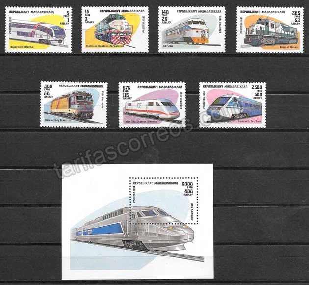 Filatelia sellos trenes transporte ferroviario madagacar