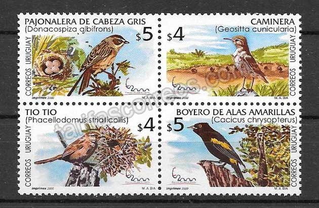  Sellos Filatelia aves diversas de Uruguay 2000