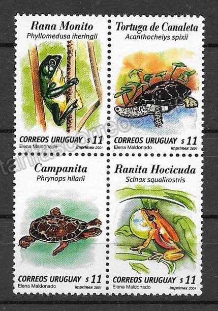 Filatelia sellos tortugas y ranas Uruguay 2001