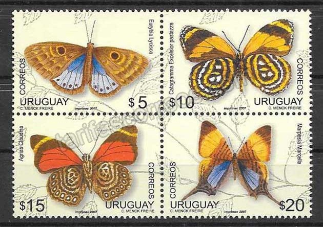 valor y precio Colección sellos mariposas de Uruguay 2007